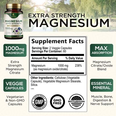 Magnesium Supplement (Citrate Oxide) 1000mg for Best Absorption, Supports Bone, Heart Health, Nerves, Muscles Metabolism, Nature's Pure Magnesio Vitamin Pills, Bottled in USA, 120 Capsules
