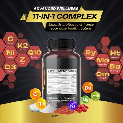 Coenzyme Q10 (Ubiquinone) Red Yeast Rice Hawthorn Omega 3 Vitamin C Niacin Zinc Vitamin K2-150 Capsules- Made in USA