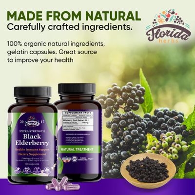 FLORIDA HERBS Black Elderberry Capsules 180 Count Sambucus Elderberry Vitamins, Non-GMO, Gluten Free, Organic Elderberry Extract Sambucus Nigra