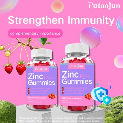 Putaojun Zinc Gummies for Kids Adults - Immune Support, High Absorption Vitamin C Zinc Supplement, Natural Strawberry Flavor, Sugar Free, Vegan - 60 Count
