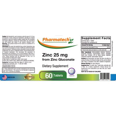 Zinc Gluconate 25 mg Chelated Elemental Zinc, Immune Support Supplement Mineral Antioxidant for Vegetarians, Acne, Easy to Swallow, 60 Tablets, by Pharmatech