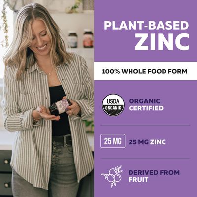 Organic Zinc 25 mg Whole Food zinc Supplements Derived from Organic Fruit, Elemental Zinc - Water Extracted, Vegan, GMO-Free - Essential Mineral, Antioxidant, Immune Support, Skin - 60 Servings