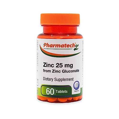 Zinc Gluconate 25 mg Chelated Elemental Zinc, Immune Support Supplement Mineral Antioxidant for Vegetarians, Acne, Easy to Swallow, 60 Tablets, by Pharmatech