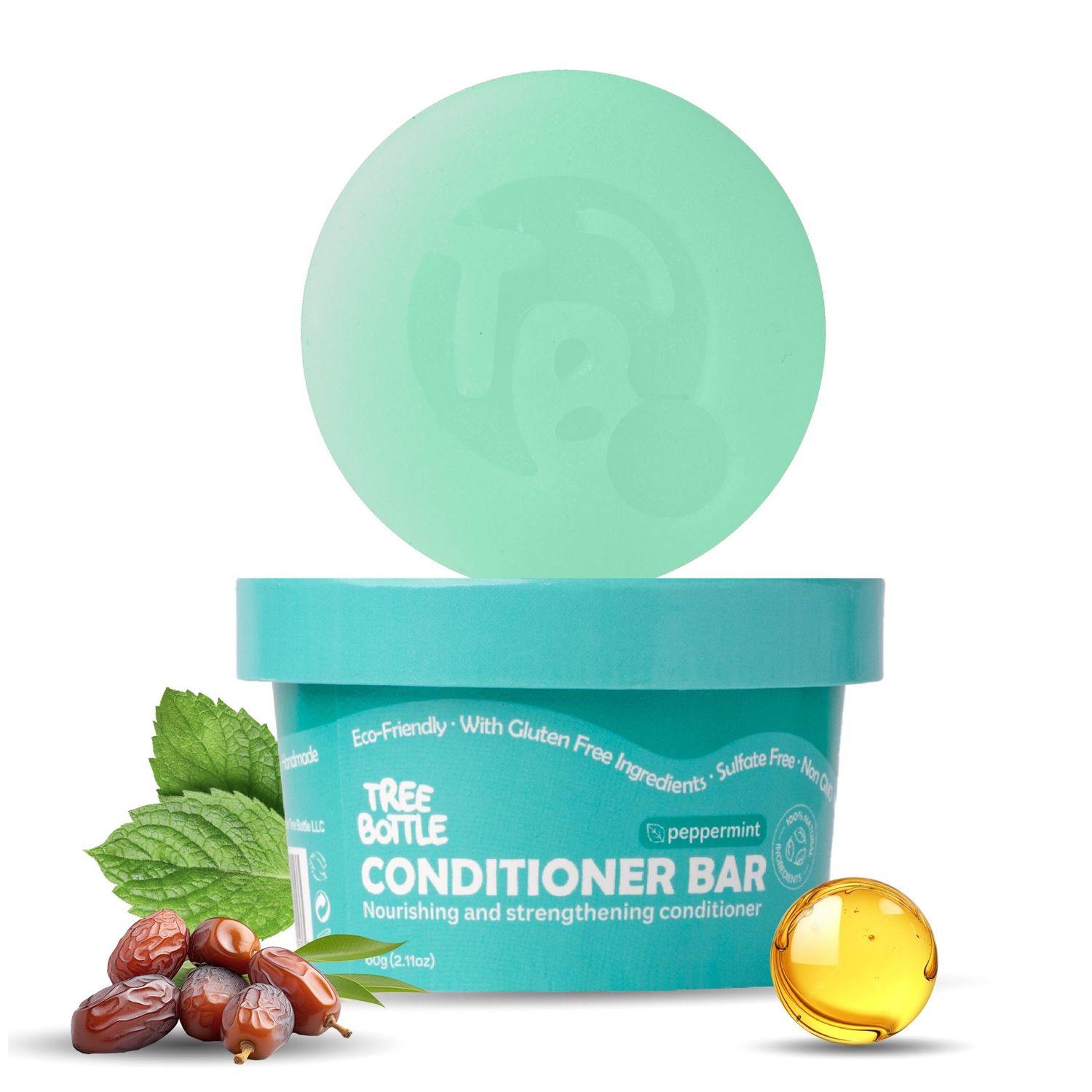 Tree Bottle Conditioner Bar - Peppermint Essential Oils Biotin, Castor Oil Batana oil for Volumizing, Nourishing and Strengthening - Plastic-Free Conditioner Bar - 2.11oz (Pack of 1)