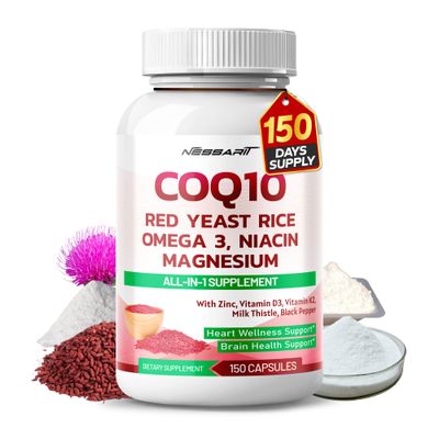 COQ10 Red Yeast Rice Supplement - 10-in-1 Natural Blend with Omega 3 Vitamin B3, K2, D3, Zinc Milk Thistle Black Pepper - 150 Count - Made Tested in The USA