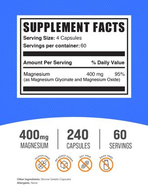 BulkSupplements.com Magnesium Glycinate Capsules - Magnesium Supplement, Magnesium Glycinate 400mg - Gluten Free, 4 Capsules per Serving, 240 Count (Pack of 1)