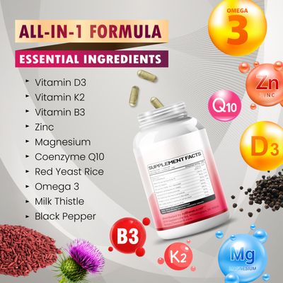 COQ10 Red Yeast Rice Supplement - 10-in-1 Natural Blend with Omega 3 Vitamin B3, K2, D3, Zinc Milk Thistle Black Pepper - 150 Count - Made Tested in The USA
