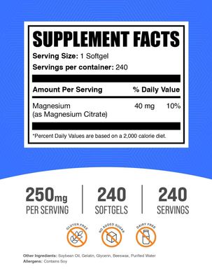 BulkSupplements.com Magnesium Citrate Softgels - Magnesium Supplement, Magnesium Citrate Supplement - 250mg (with 40mg Magnesium), Gluten Free, 1 Softgel per Serving, 240 Count (Pack of 1)