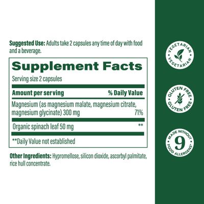 MegaFood Magnesium 300 mg - Highly Absorbable Blend of Magnesium Glycinate, Citrate Malate to Help Support Heart, Nerve Health Relaxation - 120 Capsules (60 Servings)