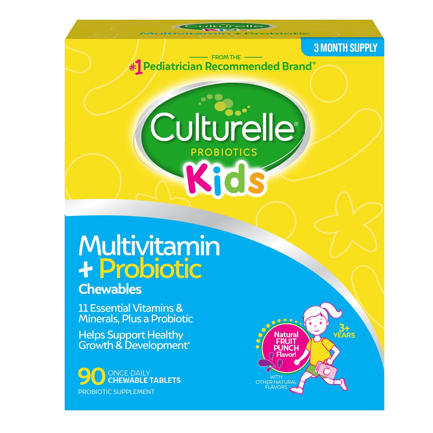 Culturelle Kids Complete Chewable Multivitamin Probiotic for Kids, Ages 3, 90 Count, Digestive Health, Oral Health Immune Support - with 11 Vitamins Minerals, Including Vitamin C, D3 Zinc