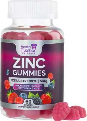 Zinc Gummy for Adults 50mg, Max Strength Bone, Skin Health Immune Support Gummies, Vegan, Non-GMO Gluten Free, Immune Health Support, Nature s Antioxidant Chewable Zinc Vitamins - 60 Gummies