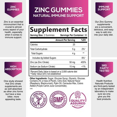 Zinc Gummy for Adults 50mg, Max Strength Bone, Skin Health Immune Support Gummies, Vegan, Non-GMO Gluten Free, Immune Health Support, Nature s Antioxidant Chewable Zinc Vitamins - 60 Gummies