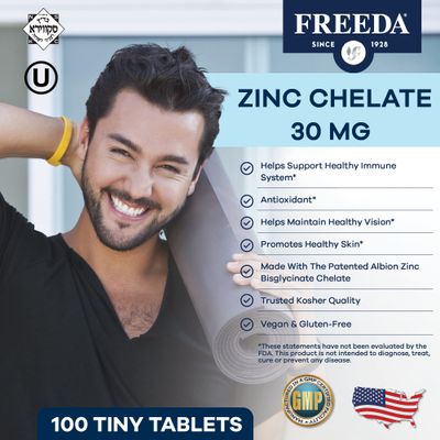Freeda Chelated Zinc 30mg - TRAACS Zinc Bisglycinate for High Absorption - Vegan, Kosher, Gentle on Stomach - Immune Support for Adults, Men Women - 250 Tiny Tablets