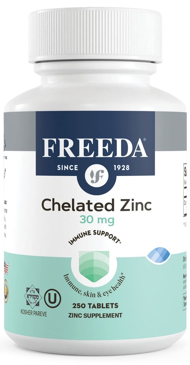 Freeda Chelated Zinc 30mg - TRAACS Zinc Bisglycinate for High Absorption - Vegan, Kosher, Gentle on Stomach - Immune Support for Adults, Men Women - 250 Tiny Tablets