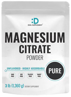 DEAL SUPPLEMENT Magnesium Citrate Powder 500mg, 3lbs - Unflavored, Easily Absorbed - Purified Trace Mineral for Muscle, Heart, Digestive Support - One a Day, Non-GMO, Filler Free