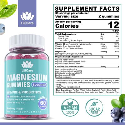 Sugar Free Magnesium Gummies 400mg Calm Magnesium Glycinate Citrate Malate Complex with Organic Prebiotics Probiotics, Vitamin B6 D3 C Triple Magnesium Supplement for Women Men - Vegan, 120Cts