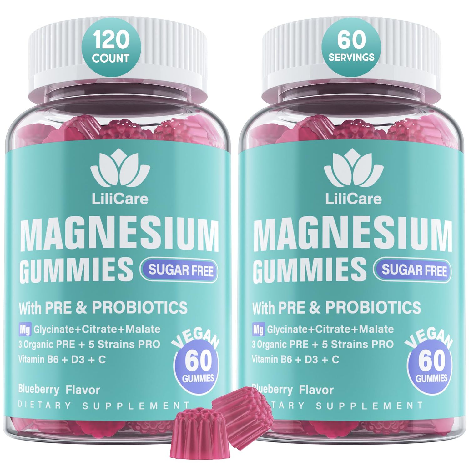 Sugar Free Magnesium Gummies 400mg Calm Magnesium Glycinate Citrate Malate Complex with Organic Prebiotics Probiotics, Vitamin B6 D3 C Triple Magnesium Supplement for Women Men - Vegan, 120Cts