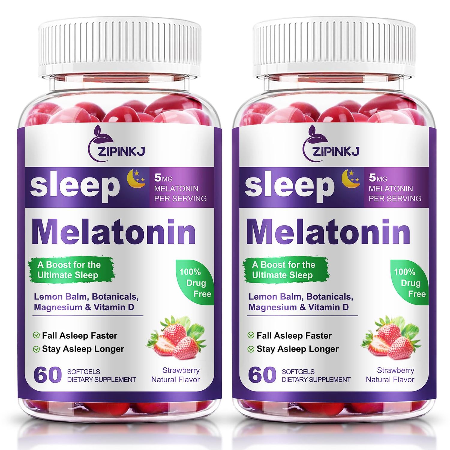 Sleep Support Supplement Softgels, Sleep Aids for Adults, Sleep Supplement with Melatonin 5mg, Vitamin D2, Magnesium, and Lemon Balm, Strawberry Extract, Gluten-Free, Vegan Non-GMO, 120 Count
