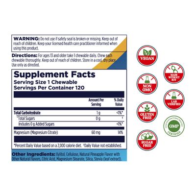 KAL Magnesium Chewables - Magnesium Citrate for Nerve, Muscle, and Bone Support - No Added Sugar, Vegan Magnesium Supplement - 60-Day Guarantee - Pineapple Flavor - 120 Servings, 120 Chewable Tablets