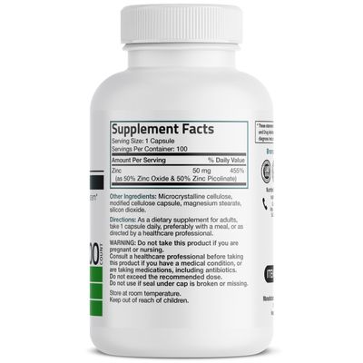 Bronson Zinc 50mg Complex High Potency Immune Support Supplement Antioxidant and Skin Health - Non GMO, 100 Vegetarian Capsules