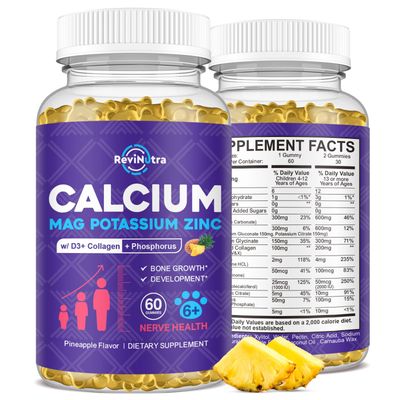Calcium Potassium Magnesium Gummies for Kids Adults, with Hydrolyzed Collagen, Zinc, Phosphorus, Multivitamin for Sleep, Bone Strength, Density Support, Sugar Free, Pineapple Flavor, 60 Gummies