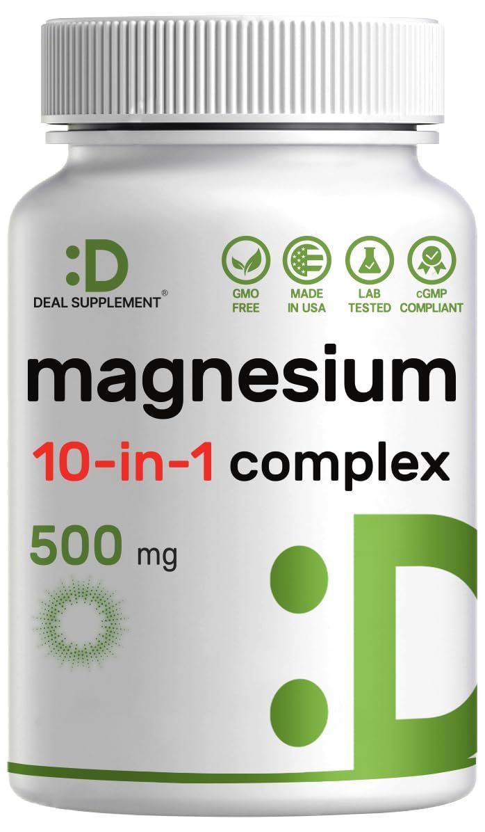 Magnesium Complex Supplement 500mg, 240 Veggie Capsules - 10 in 1 - Glycinate, Citrate, Malate, More - Chelated Minerals for Muscle Joint Health.