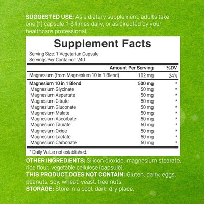 Magnesium Complex Supplement 500mg, 240 Veggie Capsules - 10 in 1 - Glycinate, Citrate, Malate, More - Chelated Minerals for Muscle Joint Health.