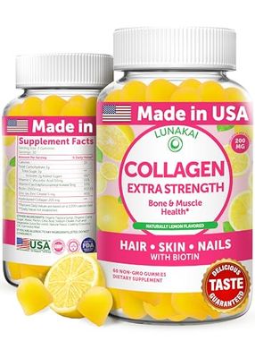 Lunakai USA Made Collagen Peptides Gummies - 200mg Non-GMO Anti-Aging Formula with Biotin, Zinc, Vitamins C E for Hair, Skin and Nails, 60ct