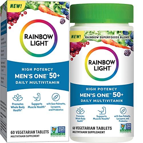 Rainbow Light Multivitamin for Men 50, Vitamin C, D Zinc, Probiotics, Men&#39;s One 50 Multivitamin Provides High Potency Immune Support, Non-GMO, Vegetarian, 60 Tablets