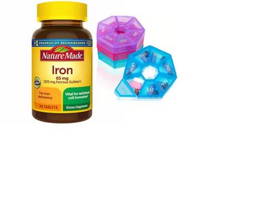 Nature Made Iron 65 mg (325 mg Ferrous Sulfate) Tablets, Dietary Supplement for Red Blood Cell Support, 365 Tablets, 365 Day Supply Bunde with Weekly Pill Organizer
