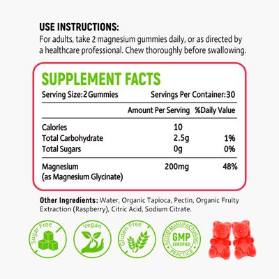 Magnesium Glycinate Gummies, High Absorption Magnesium Glycinate Supplements for Relaxation, Magnesium Chews for Adults and Kids, Raspberry Flavor 60 Count