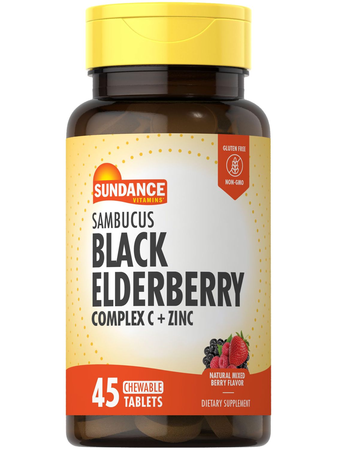 Sundance Sambucus Black Elderberry Complex with Vitamin C and Zinc 45 Chewable Tablets Natural Berry Flavor Vegetarian, Non-GMO, and Gluten Free Supplement