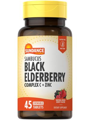 Sundance Sambucus Black Elderberry Complex with Vitamin C and Zinc 45 Chewable Tablets Natural Berry Flavor Vegetarian, Non-GMO, and Gluten Free Supplement