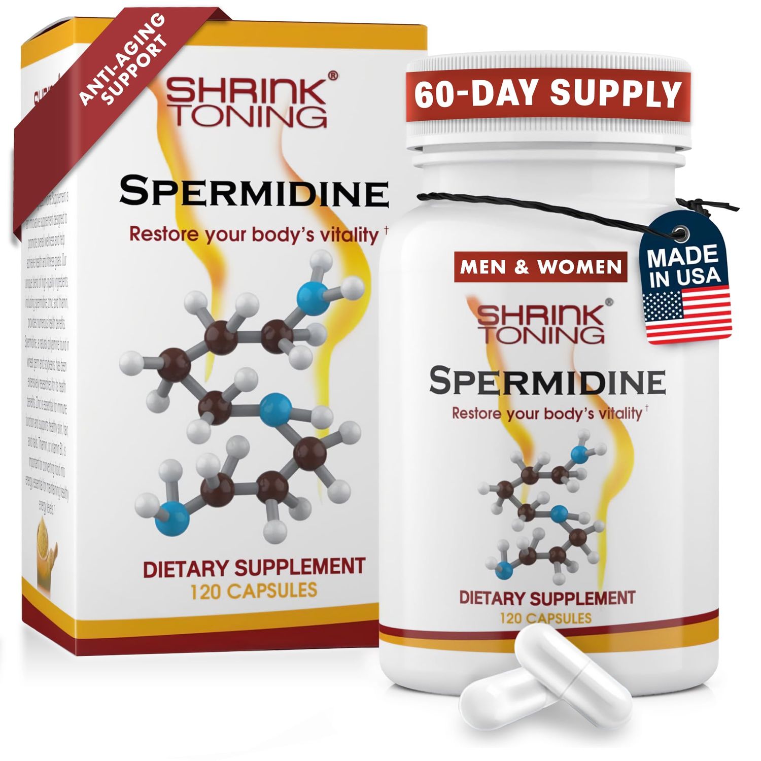 Shrink Spermidine Supplements Skin Anti-Aging Support - 120 Vegan Caps 100 Natural Polyamine for Men and Women, Overall Wellness - Non-GMO, USA Made - with High Spermidine, Zinc Thiamin