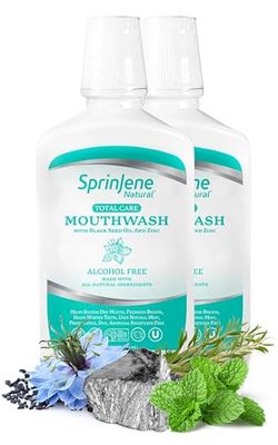 SprinJene Fluoride Free Mouthwash Alcohol Free for Fresh Breath Gum Health Dry Mouth Whitening Teeth wBlack Seed Oil, Zinc, Xylitol -All Natural Vegan Gluten Free Kosher Halal SLS Free Non Toxic-2PK