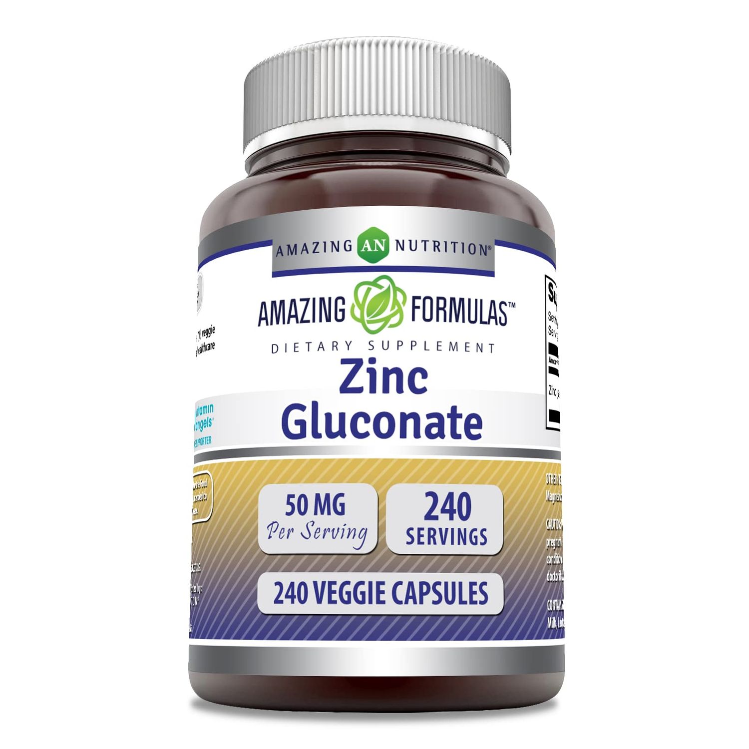 Amazing Formulas Zinc Gluconate Supplement 50 Mg Per Serving 240 Veggie Capsules Non-GMO Gluten Free Made in USA