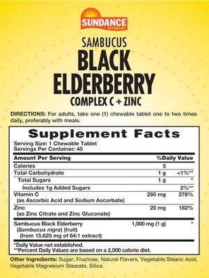 Sundance Sambucus Black Elderberry Complex with Vitamin C and Zinc 45 Chewable Tablets Natural Berry Flavor Vegetarian, Non-GMO, and Gluten Free Supplement