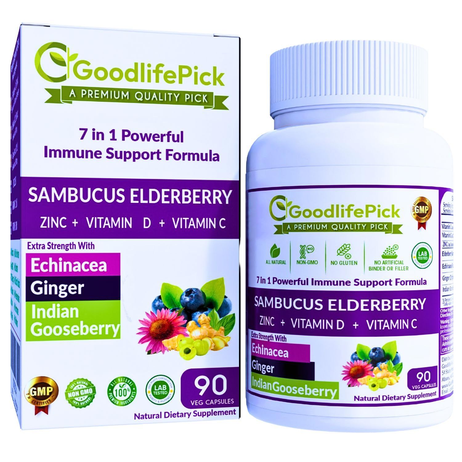 7 in 1 Elderberry with ZINC, Vitamin C, Vitamin D, Echinacea, Ginger Indian Gooseberry (Amla).Premium Elderberry Capsules 90 ct, All Natural,Non-GMO,Vegan,No Rice Powder, No-Gluten