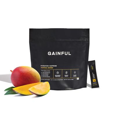 Gainful Hydration Caffeine Powder Packets with Key Electrolytes Magnesium Sodium L Theanine, Low Sugar Drink Mix, Tropical Mango, 21 Sticks