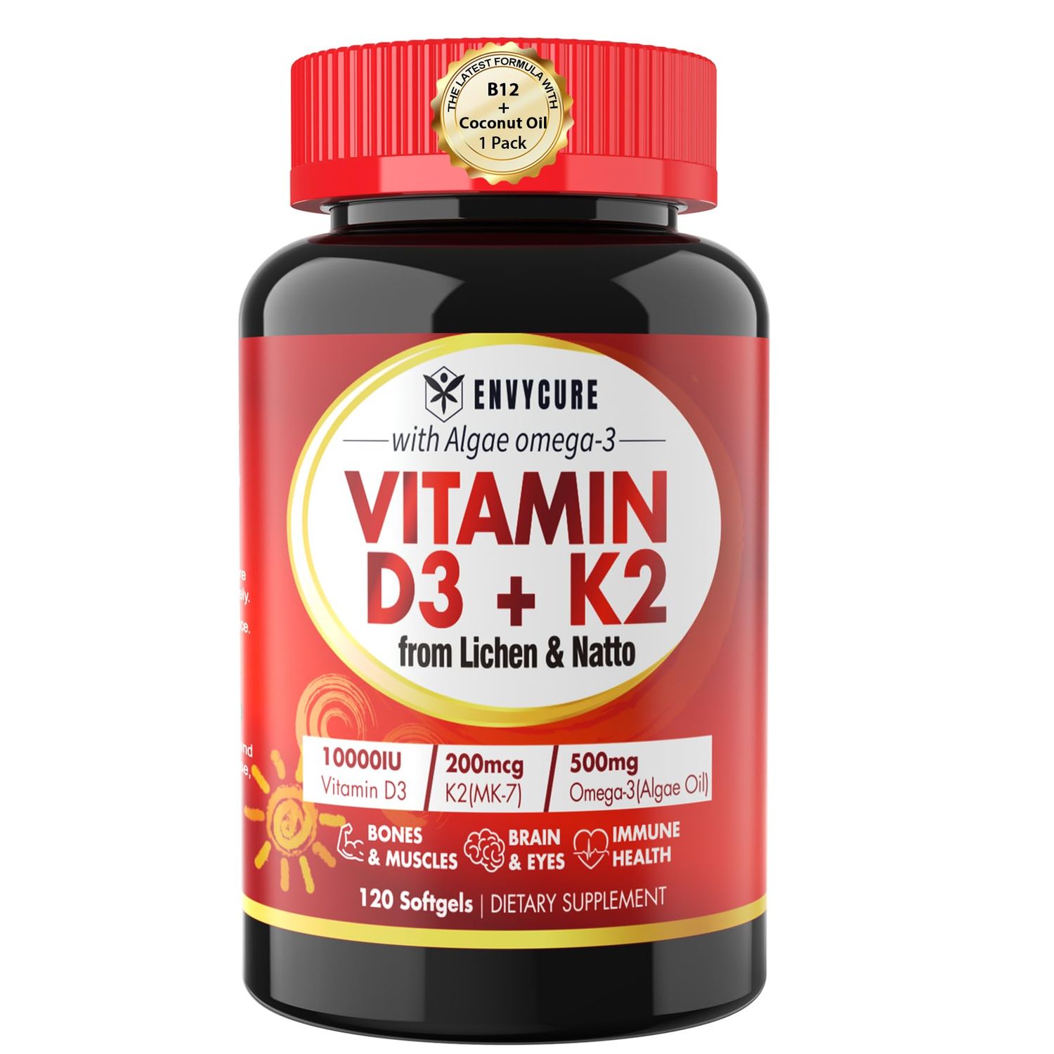 Plant-Based Vitamin D3 K2 Supplement Softgel - Vit D3 10000 Iu Vitamin K2 Mk7 200 Mcg, Algae Omega-3, Magnesium, Vitamin B12 For Bone Muscle, Immune Support, Max Absorption, Easy To Swallow 1pack