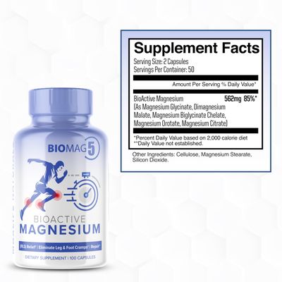 BioMag 5 Magnesium Supplement - 5 Magnesium Complex Formula with Glycinate, Malate, Bisglycinate Chelate, Orotate, Citrate - 100 Capsules