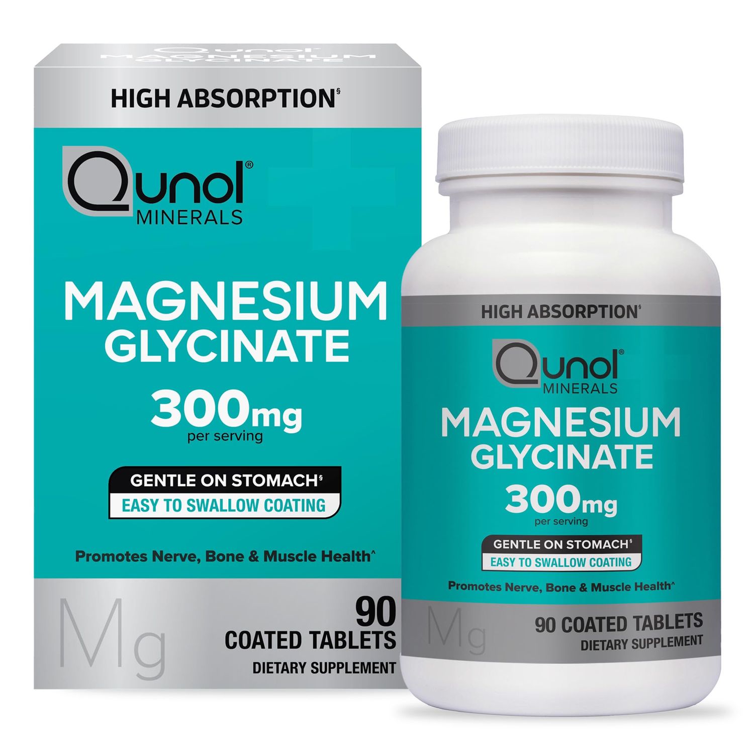 Qunol Magnesium Glycinate 300mg, 100 Glycinate Chelated Magnesium Supplement, 90ct Tablets