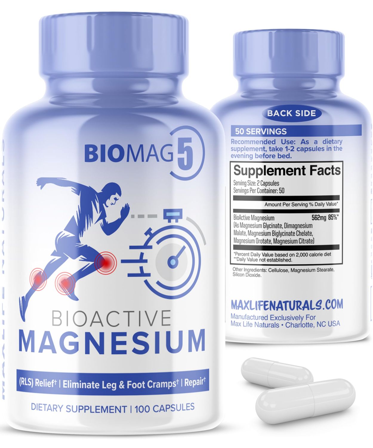 BioMag 5 Magnesium Supplement - 5 Magnesium Complex Formula with Glycinate, Malate, Bisglycinate Chelate, Orotate, Citrate - 100 Capsules