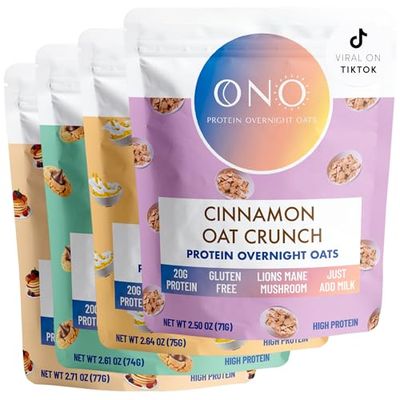 ONO Overnight Oats - Classic Variety Protein Oatmeal Bundle (8 Pack)- 20g Whey Protein, High Fiber, Low Sugar, Organic Gluten-Free Overnight Oats, Breakfast Meal, Lions Mane Mushroom, On The Go