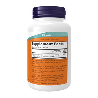 NOW Foods Supplements, Zinc (Zinc Gluconate) 50 mg, Supports Enzyme Functions, Immune Support, 250 Tablets