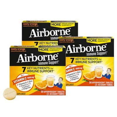 Airborne 1000mg Vitamin C Zinc Sugar Free Multivitamin Immune Support Effervescent Fizzy Drink Tablets, Zesty Orange Flavor with Powerful Antioxidants Vitamins A C E, 30 Tablets (3 Pack)