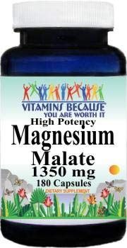 High Potency Magnesium Malate 1350 mg 180 Capsules Dietary Supplement Serving Size 3 Capsules