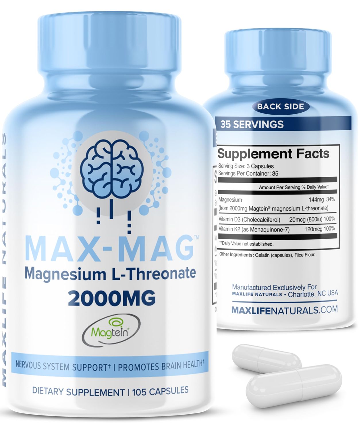 Max-Mag Magnesium L-Threonate Capsules - Magtein Magnesium L-Threonate 2000mg with Vitamin D3 and K2 for Brain, Sleep, Mood - 105 Easy-to-Swallow Capsules