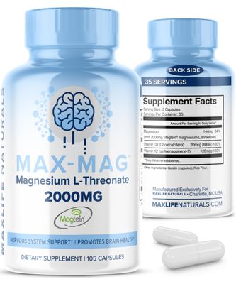 Max-Mag Magnesium L-Threonate Capsules - Magtein Magnesium L-Threonate 2000mg with Vitamin D3 and K2 for Brain, Sleep, Mood - 105 Easy-to-Swallow Capsules