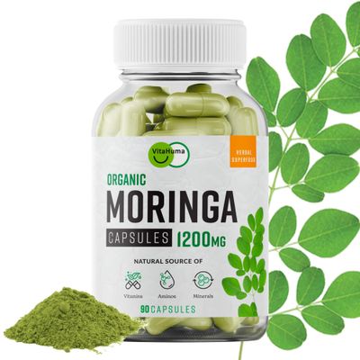 VitaHuma Organic Moringa, Nutrient-Dense Antioxidant Support with Vitamin C, A, E, Calcium, Potassium, Iron, Magnesium, Protein Amino Acids for Hydration Energy, Vegan, 1200 MG Per Serving, 90 CT
